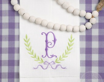 Monogram Tea Towel | Linen Crest Single Letter Monogrammed Custom Embroidered Towel Personalized Housewarming Gift  | Threads & Honey