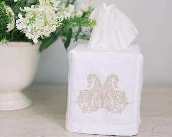 Linen Tissue Box Cover with Single Letter Vine Monogram for Bedroom or Bathroom Décor | Threads & Honey