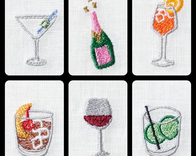 Martini, Champagne, Aperol Spritz, Wine, Old Fashioned, Gin | 100% Linen Embroidered Cocktail Napkins Set | Gift For Her | Threads & Honey
