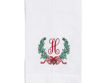 Embroidered Christmas Pinecone Wreath Linen Hand Towel with Single Letter Monogram