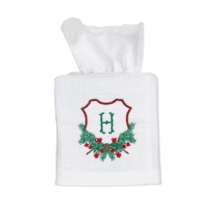 Embroidered Christmas Cactus Crest Tissue Box Cover with Single Letter Monogram