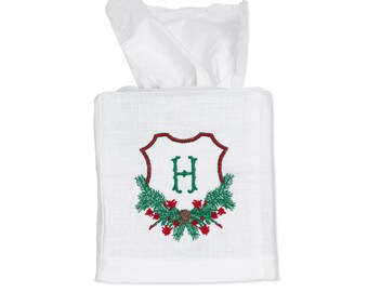 Embroidered Christmas Cactus Crest Tissue Box Cover with Single Letter Monogram