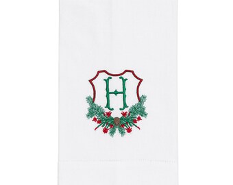 Embroidered Christmas Cactus Crest Linen Hand Towel with Single Letter Monogram