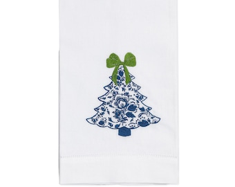 Embroidered Chinoiserie Christmas Tree Linen Hand Towel