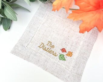 Embroidered Cocktail Napkins with Fall Leaves and Minimalist Custom Name Set - Oatmeal