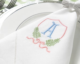 Personalized Embroidered Napkins with Initial Monogram Fern Crest with Fishtail Set| Custom Made Housewarming Gift For Her | Threads & Honey