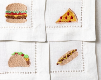 Taco, Cheeseburger, Pepperoni Pizza and Hotdog Collection | 100% Linen Embroidered Cocktail Napkins Set | Gift for Her | Threads & Honey