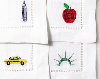 Welcome to New York with Taxi, Big Apple and Statue of Liberty | 100% Linen Embroidered Cocktail Napkins | Gift For Her | Threads & Honey
