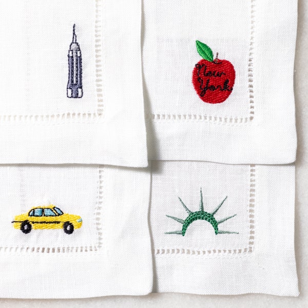 Welcome to New York with Taxi, Big Apple and Statue of Liberty | 100% Linen Embroidered Cocktail Napkins | Gift For Her | Threads & Honey