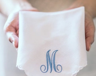 Embroidered Handkerchief for Woman | Custom Single Initial Monogrammed Hankie for Women Calligraphy Style w. Scallop Edge  | Threads & Honey