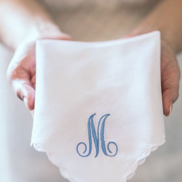 Embroidered Handkerchief for Woman | Custom Single Initial Monogrammed Hankie for Women Calligraphy Style w. Scallop Edge  | Threads & Honey