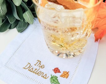 Embroidered Cocktail Napkins with Fall Leaves and Minimalist Custom Name Set - White