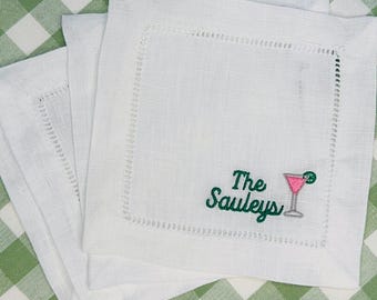 Personalized Embroidered Cocktail Napkins with Cosmopolitan and Minimalist Custom Name Set | Threads & Honey