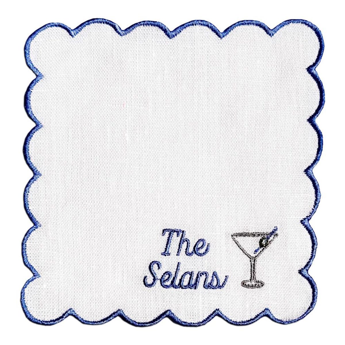 Embroidered Custom Cocktail Napkins With Scallop Border and Martini Glass on 100% Linen Cloth | Threads & Honey - Etsy
