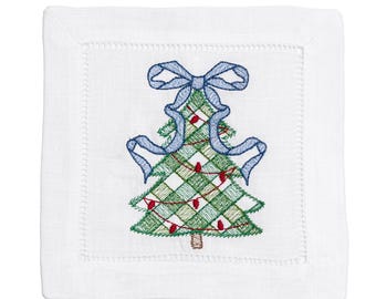 Embroidered Ribbon Christmas Tree Cocktail Napkins with Cute Bow