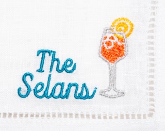 Aperol Spritz Embroidered Cocktail Napkins with Minimalist Name Set | Threads & Honey