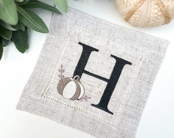 Embroidered Cocktail Napkins with Pumpkin and a Single Initial Monogram