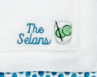 Gin and Tonic Embroidered Cocktail Napkins with Minimalist Name Set - Vodka Tonic Lime | Threads & Honey