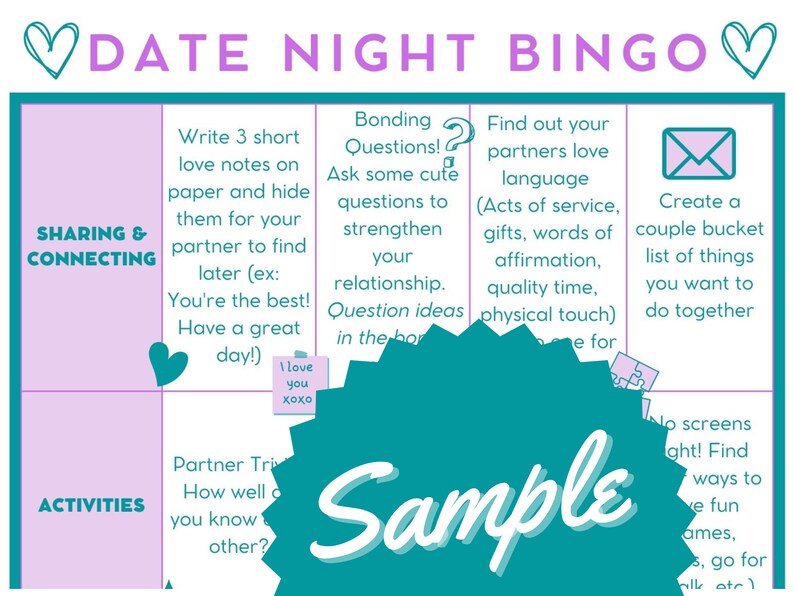 Printable Bingo Card Date Night digital JPG PDF English Etsy