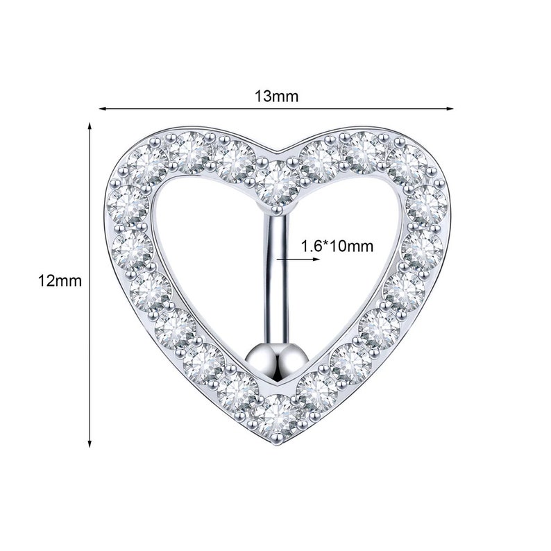 14G 10MM Heart Reverse Belly Button Ring/ Heart Navel Jewelry/ Top Down Belly Ring/ Heart Belly Piercing / Shinny Belly Bar/ 1.610mm image 2