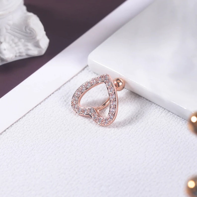 14G 10MM Heart Reverse Belly Button Ring/ Heart Navel Jewelry/ Top Down Belly Ring/ Heart Belly Piercing / Shinny Belly Bar/ 1.610mm Rose Gold