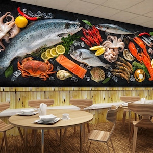 Ingredientes de frutos do mar 3D FFA9619 Papel de parede removível Papel de parede autoadesivo Extra grande Peel & Stick Papel de parede Mural