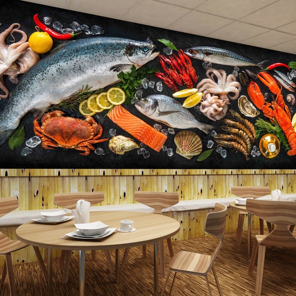 3D Seafood Ingredients FFA9619 Removable Wallpaper Self Adhesive Wallpaper Extra Large Peel & Stick Wallpaper Wallpaper Mural