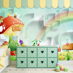 3D Cartoon Mushroom House FFA6276 verwijderbare wallpaper zelfklevend behang extra grote peel & stick wallpaper muurschildering