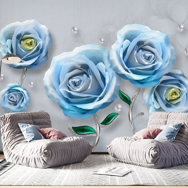3D Blue Roses FFA2064 Removable Wallpaper Self Adhesive Wallpaper Extra Large Peel & Stick Wallpaper Wallpaper Mural