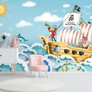 3D Cartoon Piratenschip FFA6682 Kid's Room Verwijderbare Wallpaper Zelfklevend Behang Extra Grote Peel & Stick Wallpaper Muurschildering