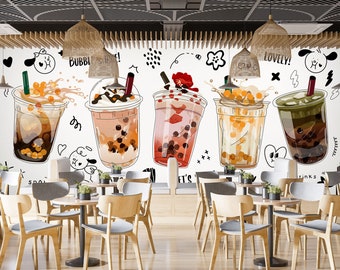 3D Pearl Tea FFA1908 Fruit Bubble Tea Milk Tea Shop Abnehmbare Tapete Selbstklebende Tapete Extra Großes Peel & Stick-Tapeten-Wandbild