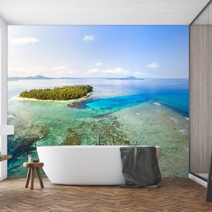 3D Blue Sea Love Island FFA3113 Bagno Carta da parati rimovibile Carta da parati autoadesiva Carta da parati Extra Large Peel & Stick Wallpaper Wallpaper Mural