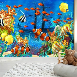 3D Cartoon Animal Fish FFA2084 Kid's Room Verwijderbare Wallpaper Zelfklevend Behang Extra Grote Peel & Stick Wallpaper Muurschildering