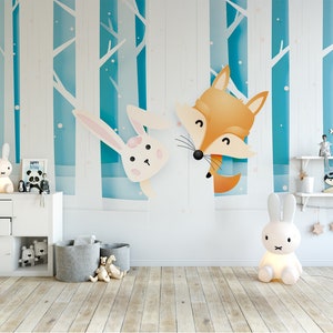 3D Animal Cartoon Fox Rabbit FFA21202 Verwijderbaar Behang Zelfklevend Behang Extra Grote Peel &Stick Wallpaper Wallpaper Mural
