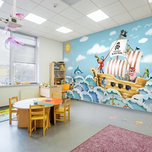 3D Cartoon Piratenschip Transport FFA3166 Play Center Verwijderbaar Behang Zelfklevend Behang Peel & Stick Wallpaper Muurschildering