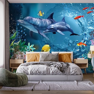 Carta da parati 3D con animali delfino FFA1572 Carta da parati rimovibile Carta da parati autoadesiva Carta da parati staccabile e incollata extra large Carta da parati murale