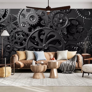 3D Black Metal Gears FFA1331 abnehmbare Tapete selbstklebende Tapete Extra große Peel & Stick Wallpaper Wallpaper Wandbild