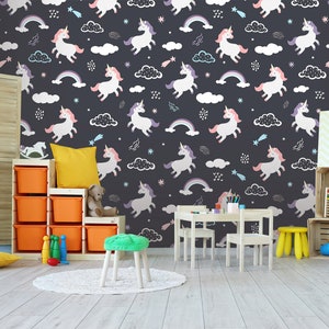 3D Mooie Cartoon Eenhoorn Dier FFA3367 Play Center Verwijderbare Wallpaper Zelfklevende Wallpaper Peel & Stick Wallpaper Muurschildering