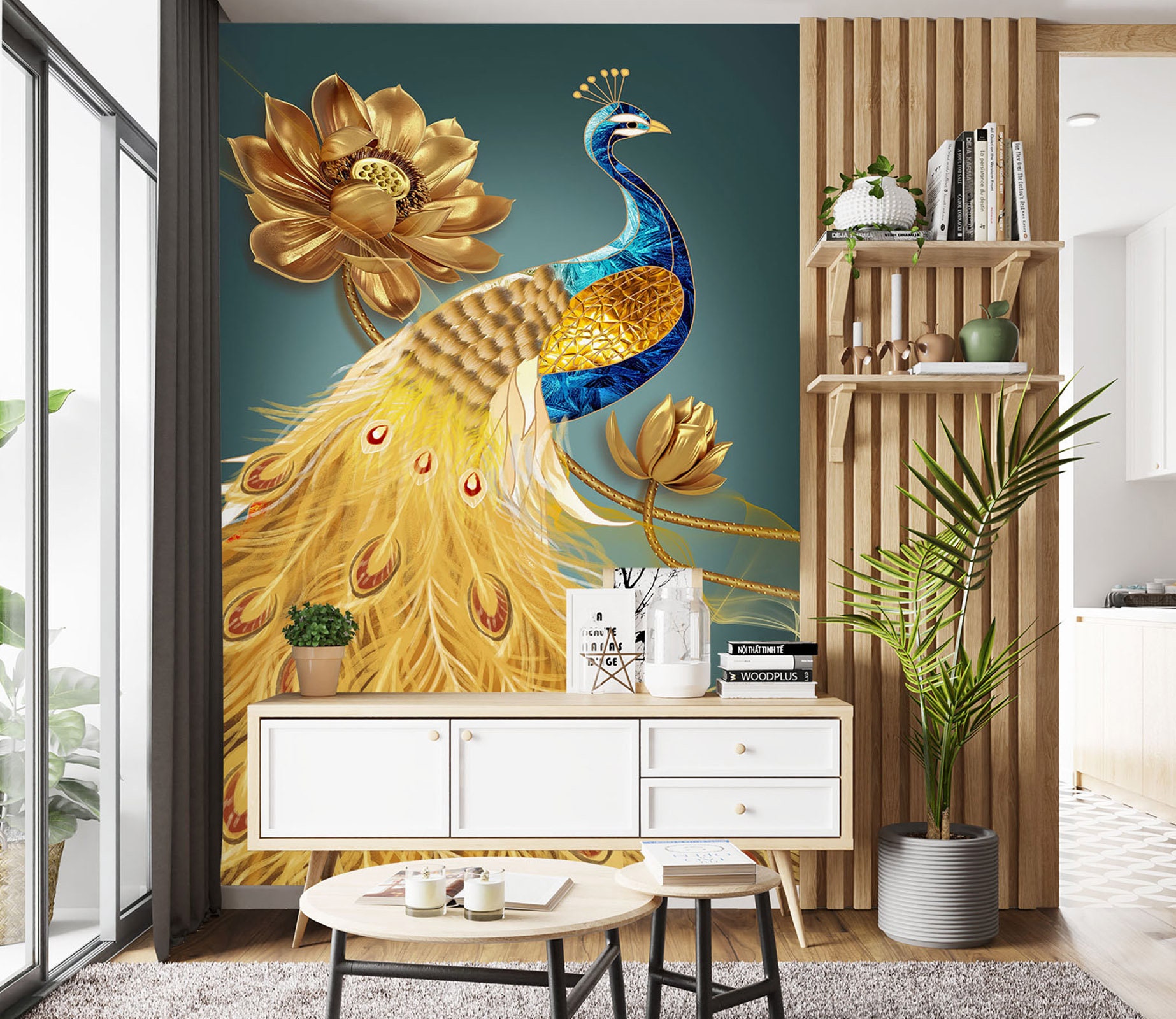 3D Golden Lotus Animal Peacock FFA1495 Removable Wallpaper Self