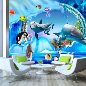 3D Cartoon Zeedieren FFA8365 Verwijderbaar Behang Zelfklevend Behang Extra Grote Peel & Stick Wallpaper Muurschildering