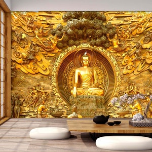 3D Golden Buddha Statue FFA9785 Carta da parati rimovibile Carta da parati autoadesiva Carta da parati Extra Large Peel & Stick Wallpaper Wallpaper Mural