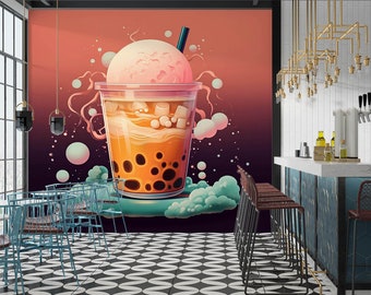 3D Pearl Tea FFA1849 Fruit Bubble Tea Milk Tea Shop Papel pintado extraíble Papel pintado autoadhesivo Extra grande Peel & Stick Wallpaper Mural