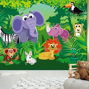 3D Nieuwsgierige Cartoon Dieren FFA2080 Kinderkamer Verwijderbare Wallpaper Zelfklevend Behang Extra Grote Peel & Stick Wallpaper Muurschildering