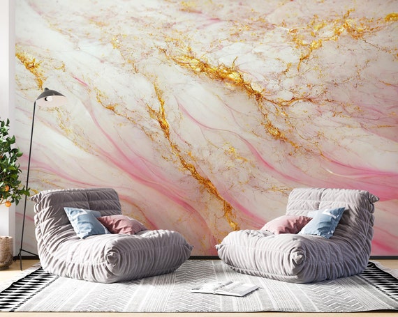 Marble Art Wall Mural – Pink Background Peel & Stick Self-Adhesive Wallpaper, Removable, 144"W X 100"H – For Living Room, Bedroom & Accent Walls
