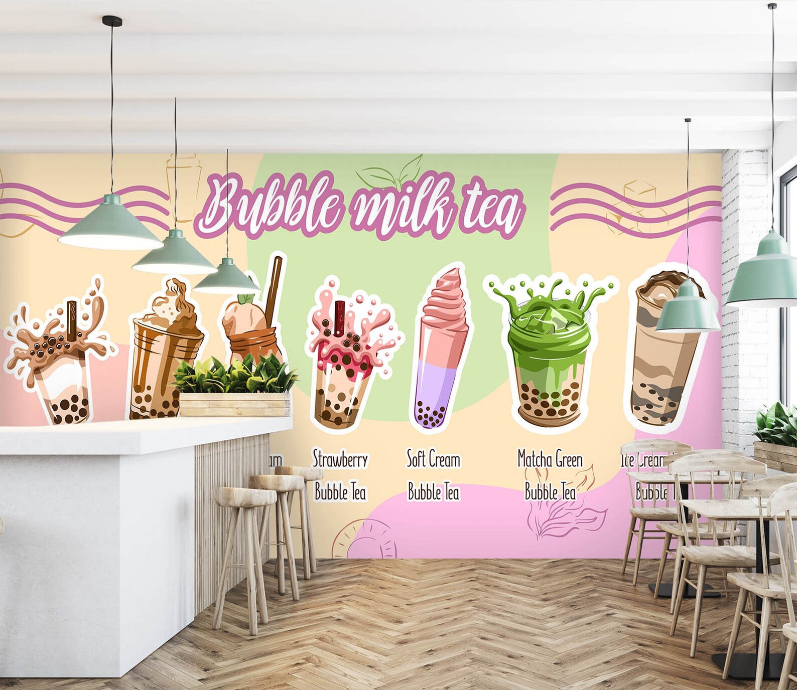Pearl Tea Design 3D Pearl Tea FFA1827 Fruit Bubble Tea Milk Tea Shop Removable Wallpaper ...