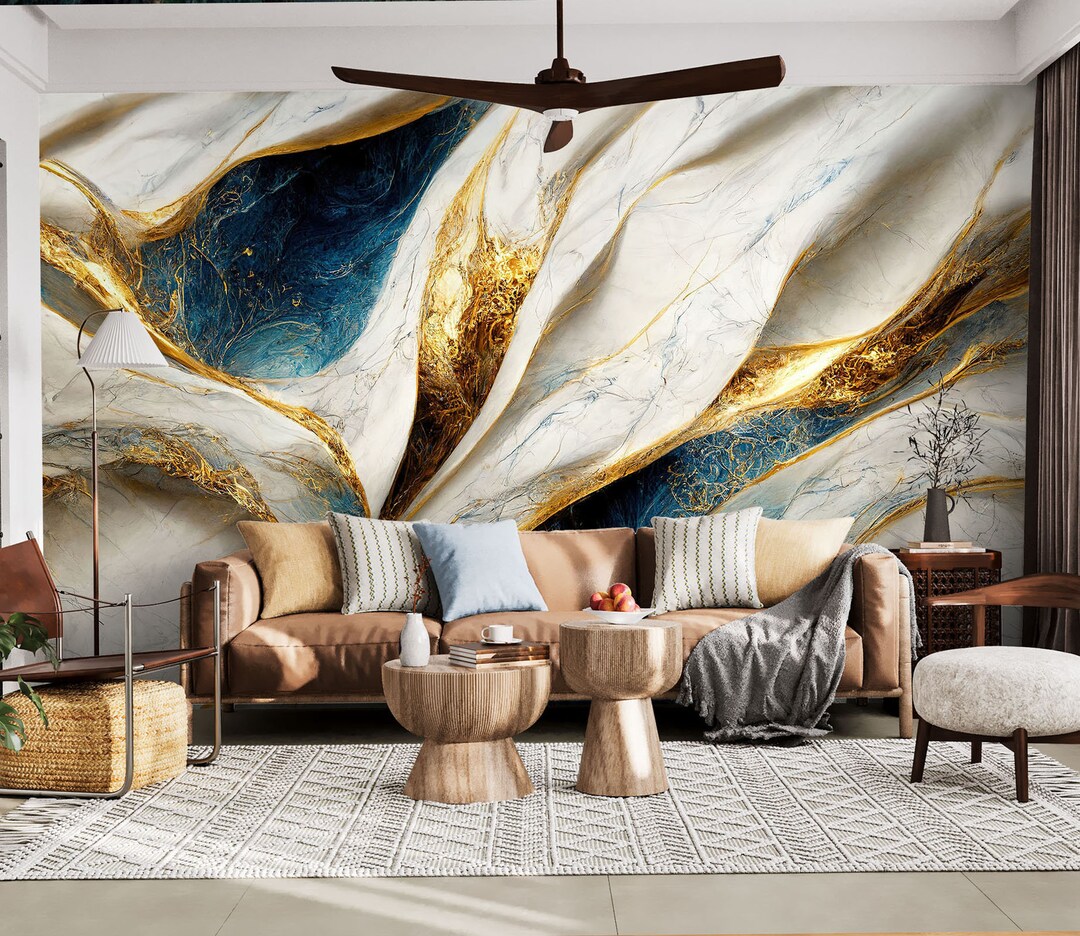 KEARTNZI Custom 3D Marble Peel & Stick Wallpaper Mural – Abstract Gold Design, Large Self-Adhesive Wall Art For Living Room, Bedroom, Kitchen