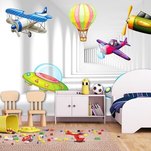 3D Cartoon Vliegtuig Transport FFA21178 Verwijderbaar Behang Zelfklevend Behang Extra Grote Peel &Stick Wallpaper Wallpaper Mural