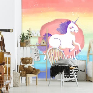 3D Cartoon Unicorn Animal FFA2035 Kinderkamer Verwijderbaar Behang Zelfklevend Behang Extra Grote Peel & Stick Behang Muurschildering