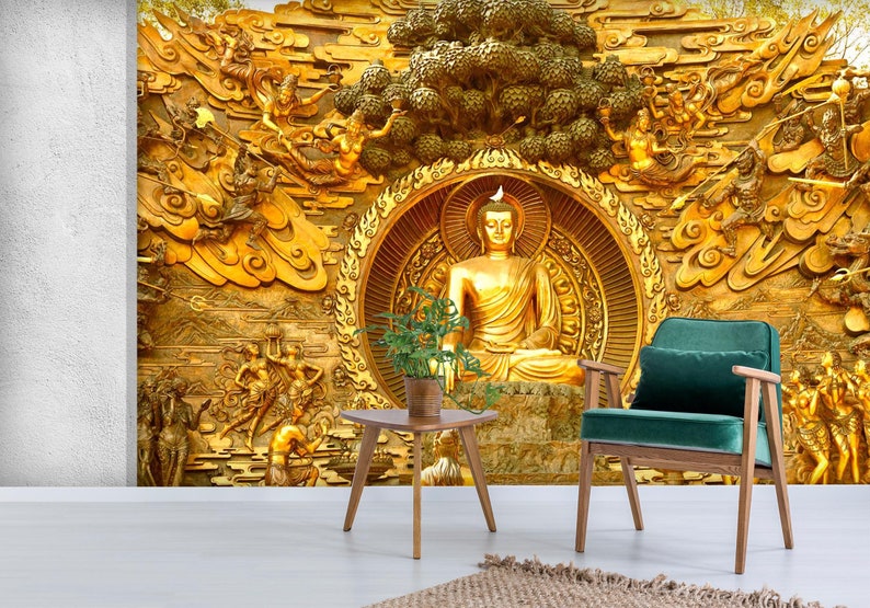 3D Golden Buddha Statue FFA9785 Removable Wallpaper Self Adhesive