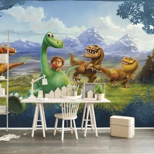 3D Cartoon Groene Dinosaurus Dier FFA2223 Verwijderbare Wallpaper Zelfklevende Wallpaper Extra Grote Peel & Stick Wallpaper Muurschildering